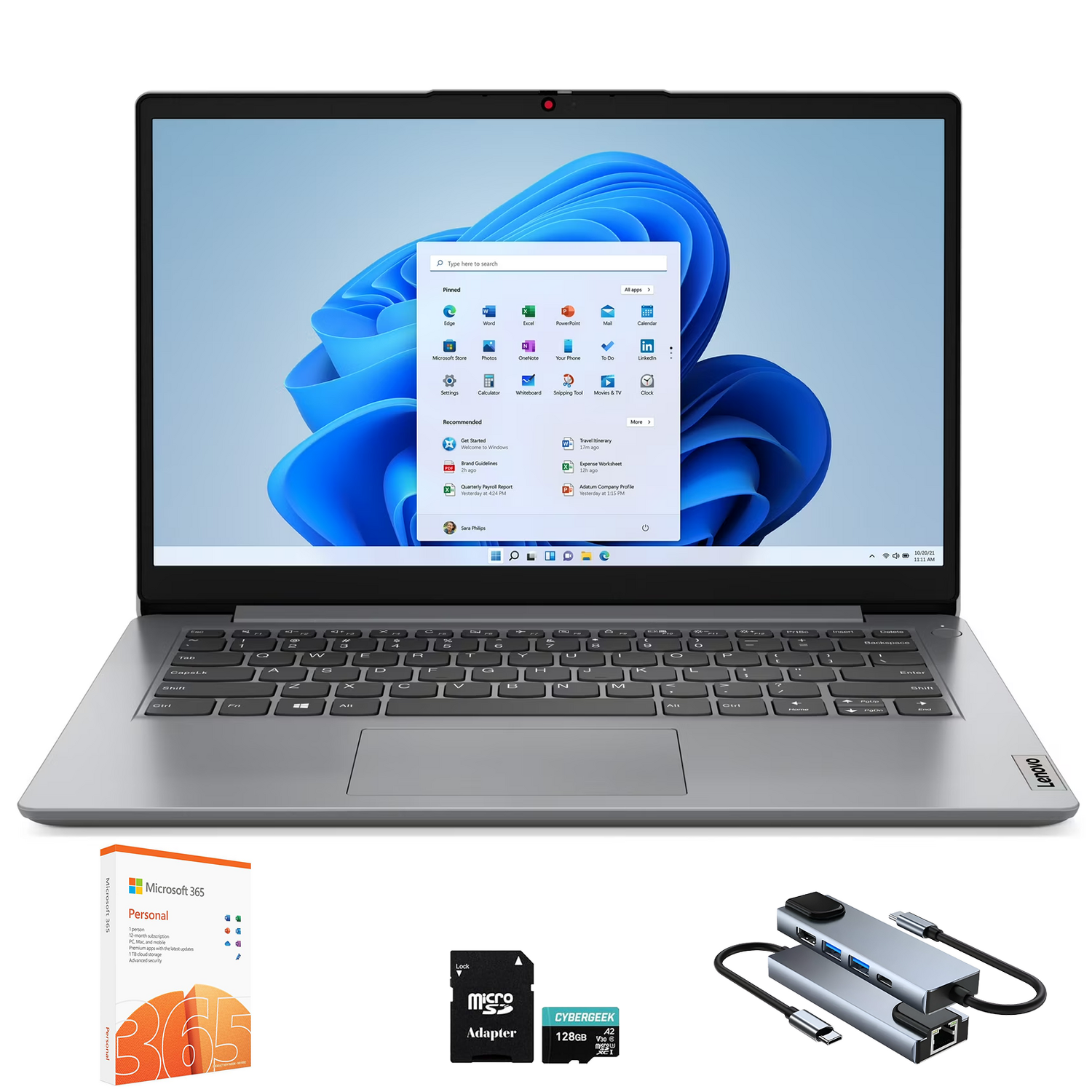 Lenovo IdeaPad 1 1i 14" Laptop with 1-year Microsoft 365, Intel Processor, 8GB RAM, 128GB eMMC + 512GB SSD, SD Card Reader, Privacy Camera, 11 hrs Long Battery Life, with Accessories, Win 11 Pro