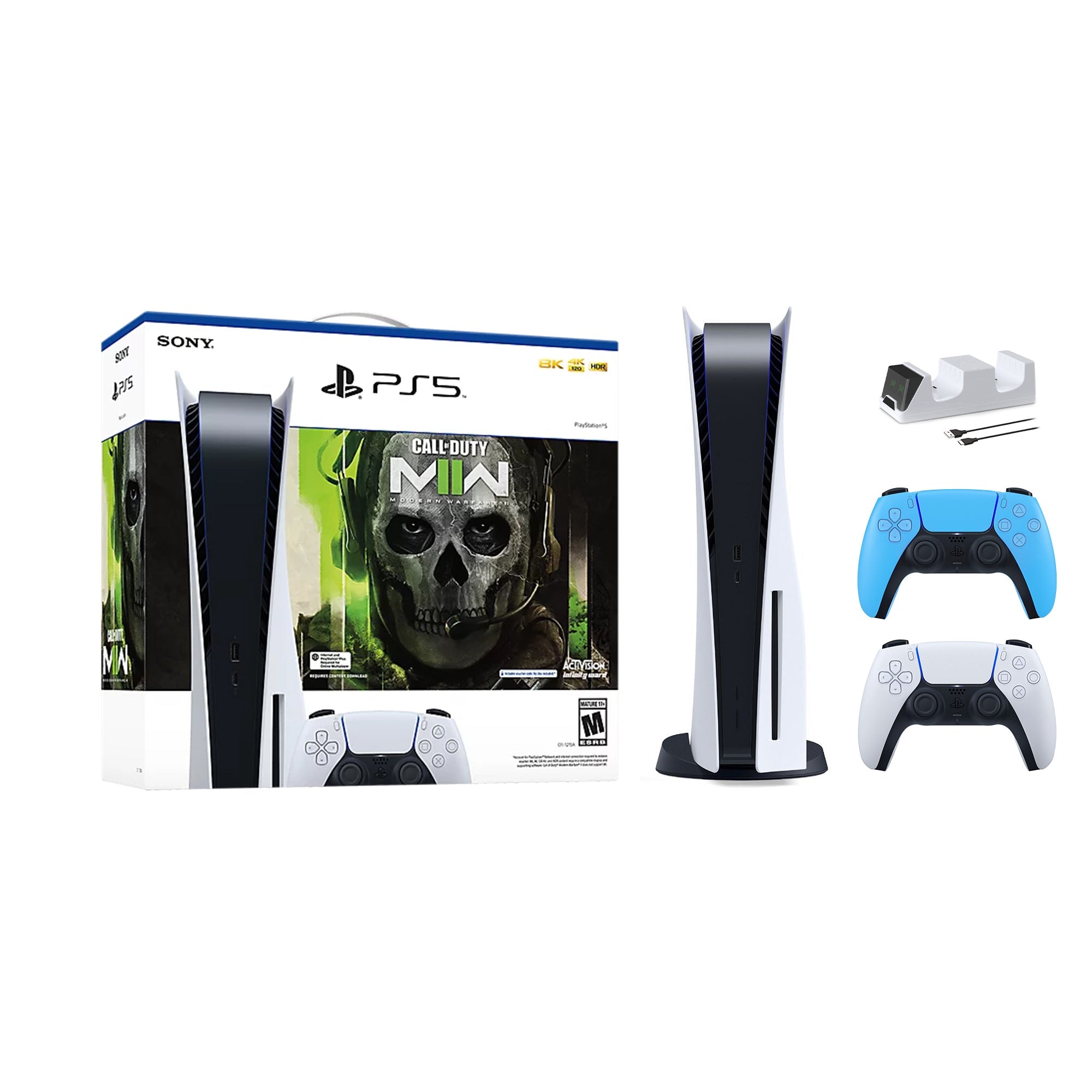 PlayStation 5 Disc Edition Call of Duty Modern Warfare II Bundle with Two Controllers White and Starlight Blue DualSense and Mytrix Dual Controller Charger - Image 2