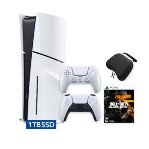 PlayStation 5 Slim Disc 1TB SSD Call of Duty Black Ops 6 Bundle with Two Controllers, White and Chroma Pearl DualSense, Hard Shell Protective Controller Case - PS5 Slim Disc Edition
